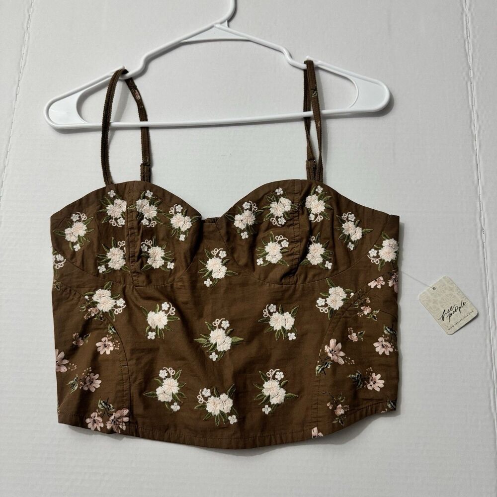 NWT Free People Brown Floral Embroidered Corset Bustier Cami Top Wild Flowers S